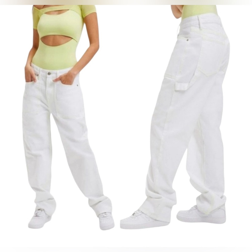 Good American Good 90s‎ High Waist Carpenter Baggy White Neon Cargo Jeans Size 6